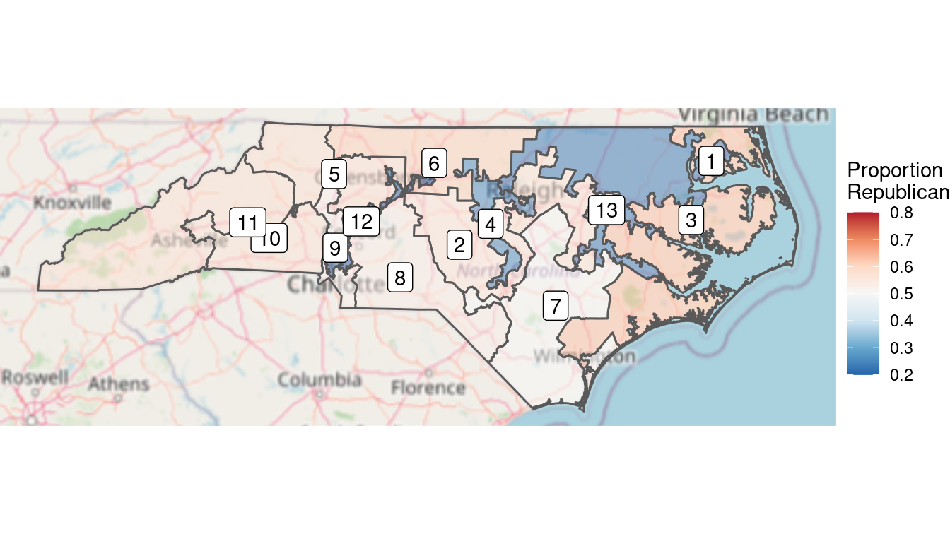 Full color choropleth map of the results of the 2012 congressional elections in North Carolina. The clustering of Democratic voters is evident from the deeper blue in Democratic districts, versus the pale red in the more numerous Republican districts.