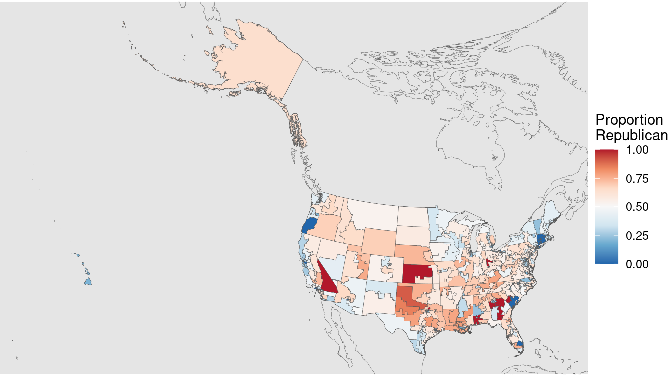U.S. congressional election results, 2012 (Albers equal area projection).