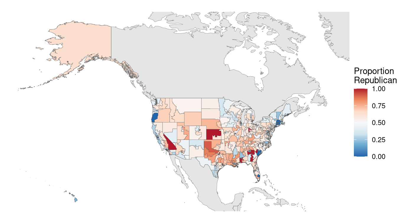 U.S. congressional election results, 2012 (Mercator projection).