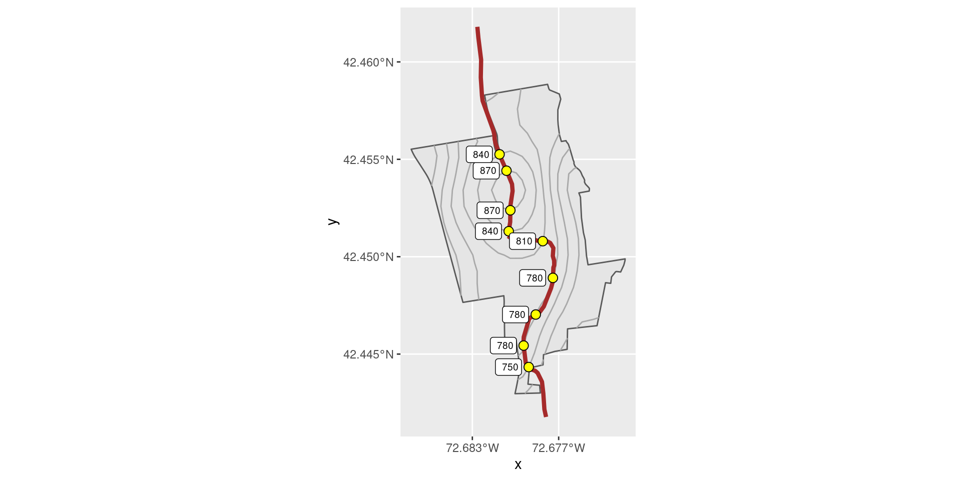The Snowmobile Trail at MacLeish, with contour lines depicted. 