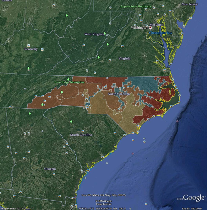 Screenshot of the North Carolina congressional districts as rendered in Google Earth, after exporting to KML. Compare with Figure 17.12.
